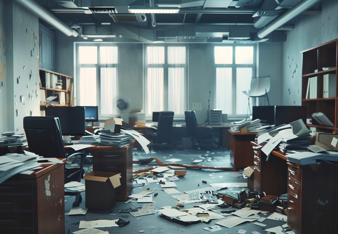 A chaotic office space with scattered papers and abandoned desks, illustrating workplace disarray and neglect.